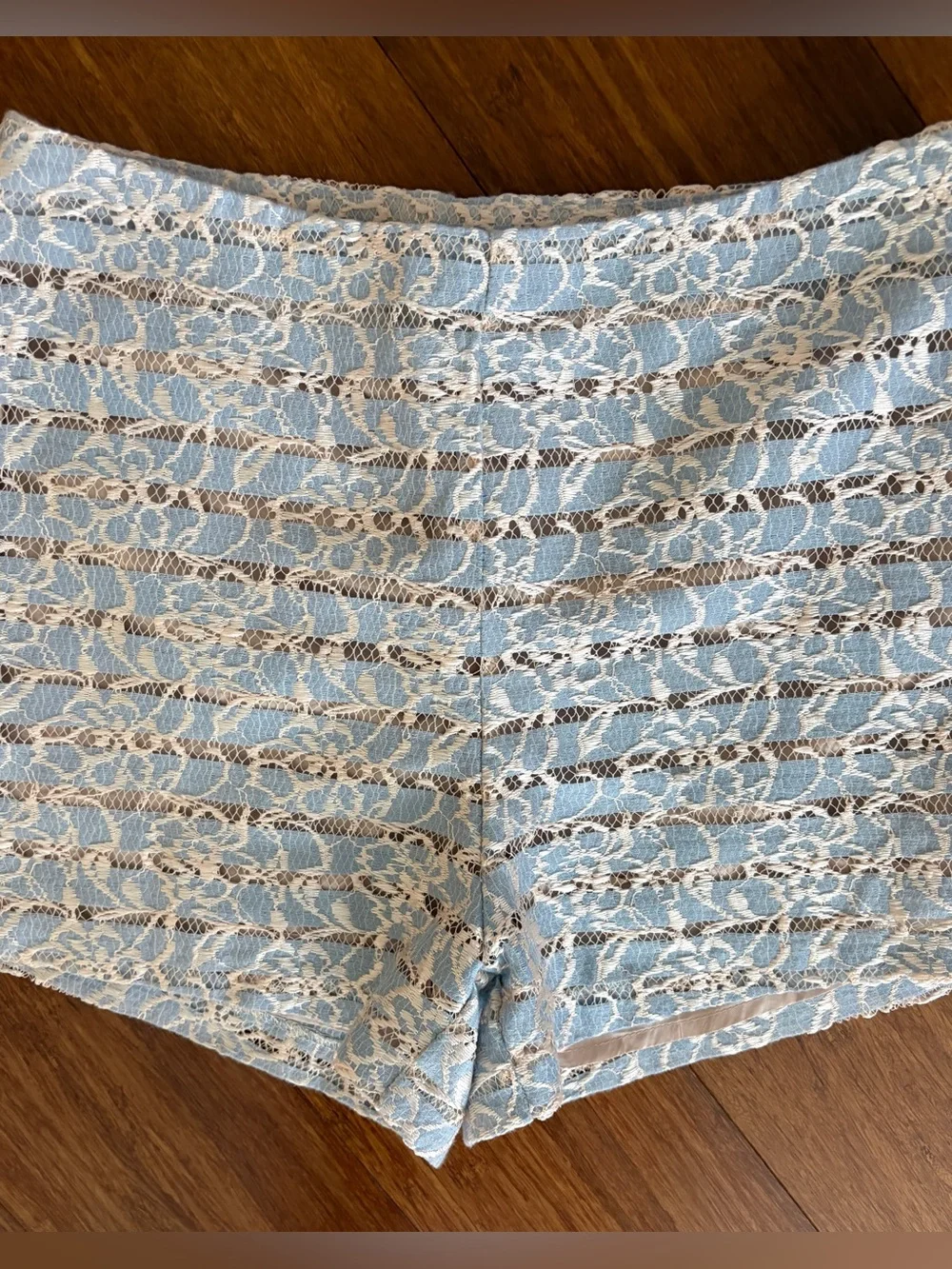 Lush Shorts Dressy Lt Blue Cream Floral Lace Sheer Stripes Cutout Side Zip SZ S